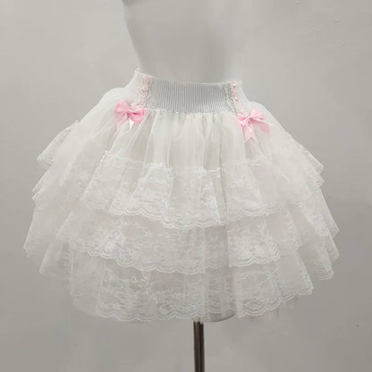 Pink Skirts for Sweet Girls Summer Bows Decoration Elastic Waist Lolita Style Multilayered Lace Skirt Kawaii Clothes