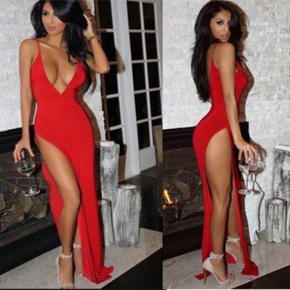 Women's Dress Deep V Low Cut High Elastic Sexy Tight Dress Nightclub Side High Split Skirt Party Fun Banquet Bodycon Long Dress