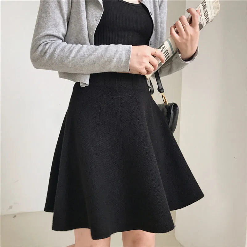 Knitted Mini Skirts Women High Waist Pleated Skirt Autumn Winter Streetwear Solid All Match A Line Skirts