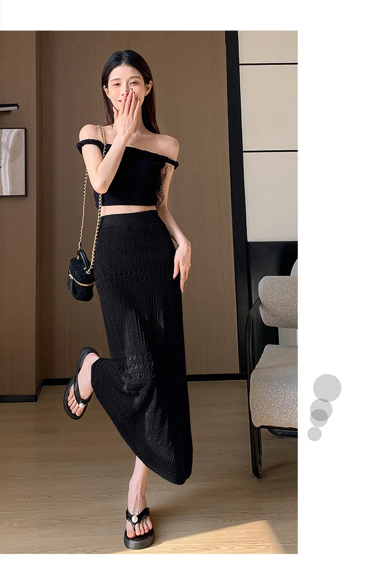 Skirts Women Trumpet High Waist Long Skirt Female Summer Elegant Knitted Hollow Out Fahison Skirt Bottom