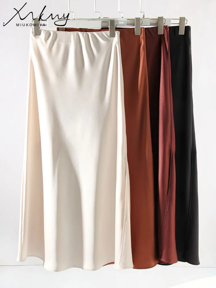 Long Satin Skirts For Women Summer High Quality Skirt With Slit On The Side Silk Elegant Black Maxi Luxury Women's Skirts 2025