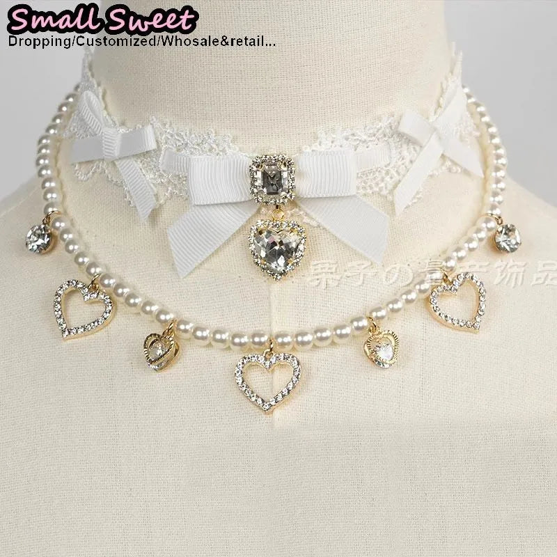 Handmade Choker Necklaces Double Pearl bow love jewelry gemstone sweet Cute Kawaii Collar Lolita Collarbone Chain Cecklace Women