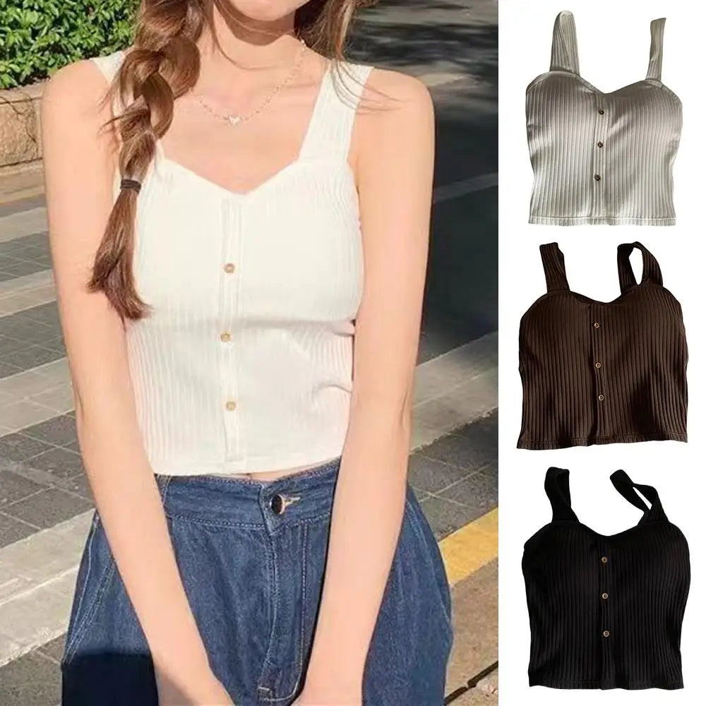 Woman's Top With Built In Bra Button Padded Bra Lady's Top Strap Vest Tank Top Summer Girls Cute Women Casual Female Camisole