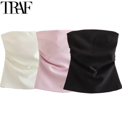 TRAF Women Top Off Shoulder Tube Top Woman Ruched Corset Crop Tops Summer Backless Pink Black White Top Strapless Sexy Tops
