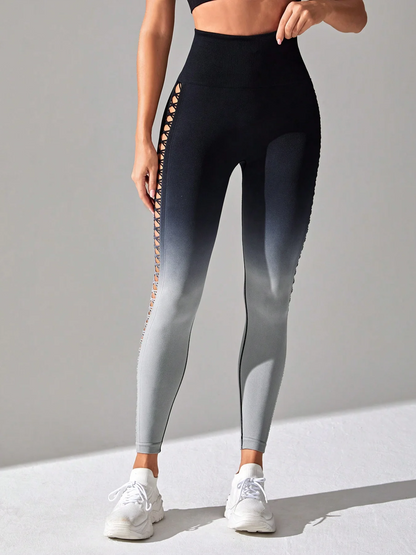 Women's High-Waisted Yoga Pants With Gradual Color Fade, Stretch Fabric, Breathable And Comfortable, Side Hollow Design