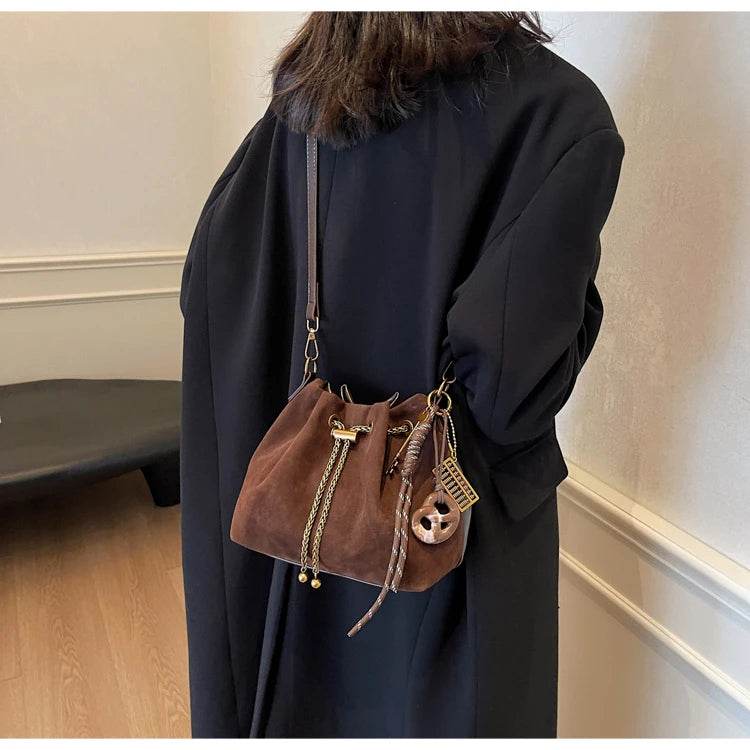 Women Vintage One Shoulder Bag Frosted Solid Drawstring Soft All-Match Bucket Bags High-Grade Versatile Commute Crossbody Packs