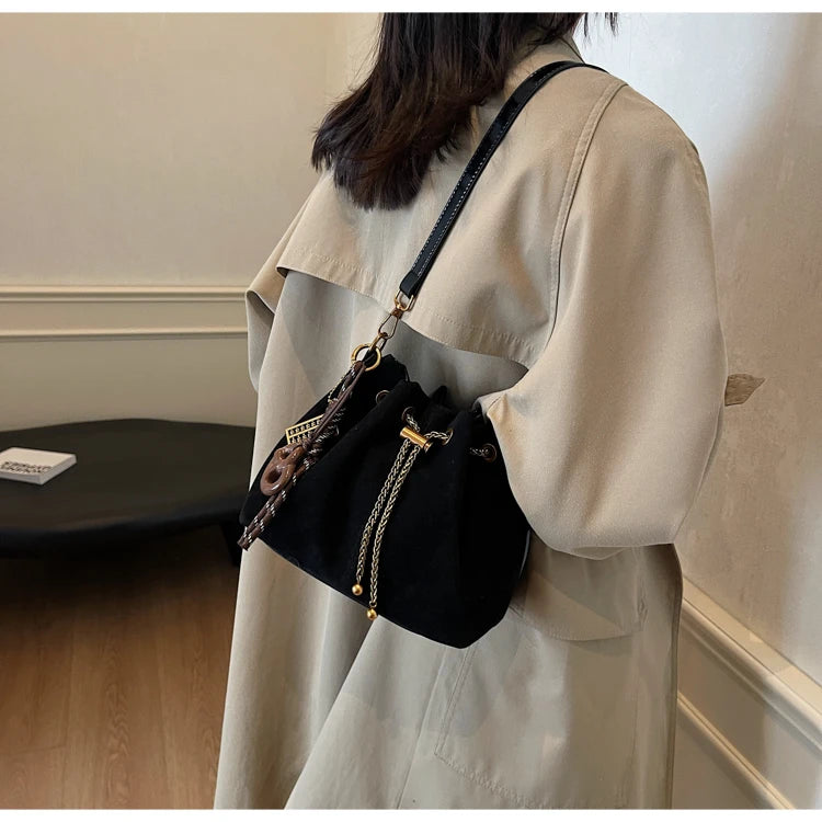 Women Vintage One Shoulder Bag Frosted Solid Drawstring Soft All-Match Bucket Bags High-Grade Versatile Commute Crossbody Packs