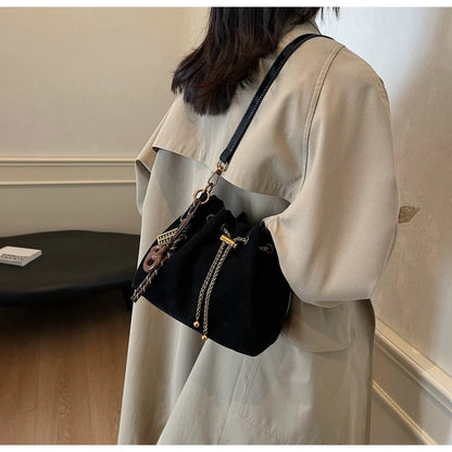 Women Vintage One Shoulder Bag Frosted Solid Drawstring Soft All-Match Bucket Bags High-Grade Versatile Commute Crossbody Packs