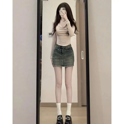 Fashion High Waist Mini Skirt Retro Slim Fit Short Skirt A-Line Casual Jean Skirt Girls