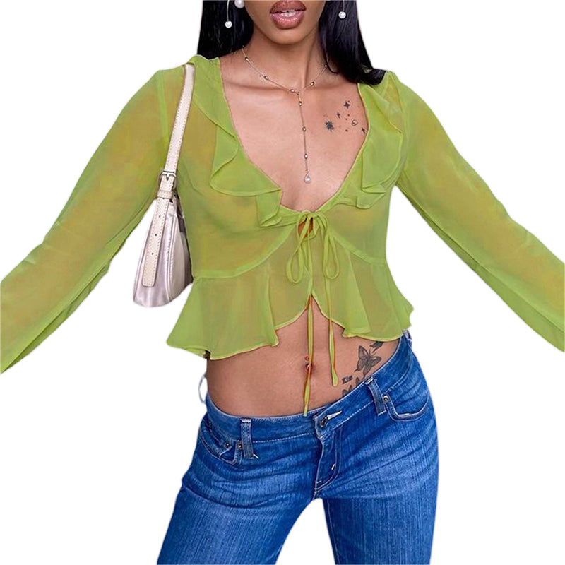 Women Sexy Sheer Crop Tops Pink Long Sleeve Flared Deep V Neck Pleated Hem Tops for Summer Clothing Fairycore Blouse Streetwear