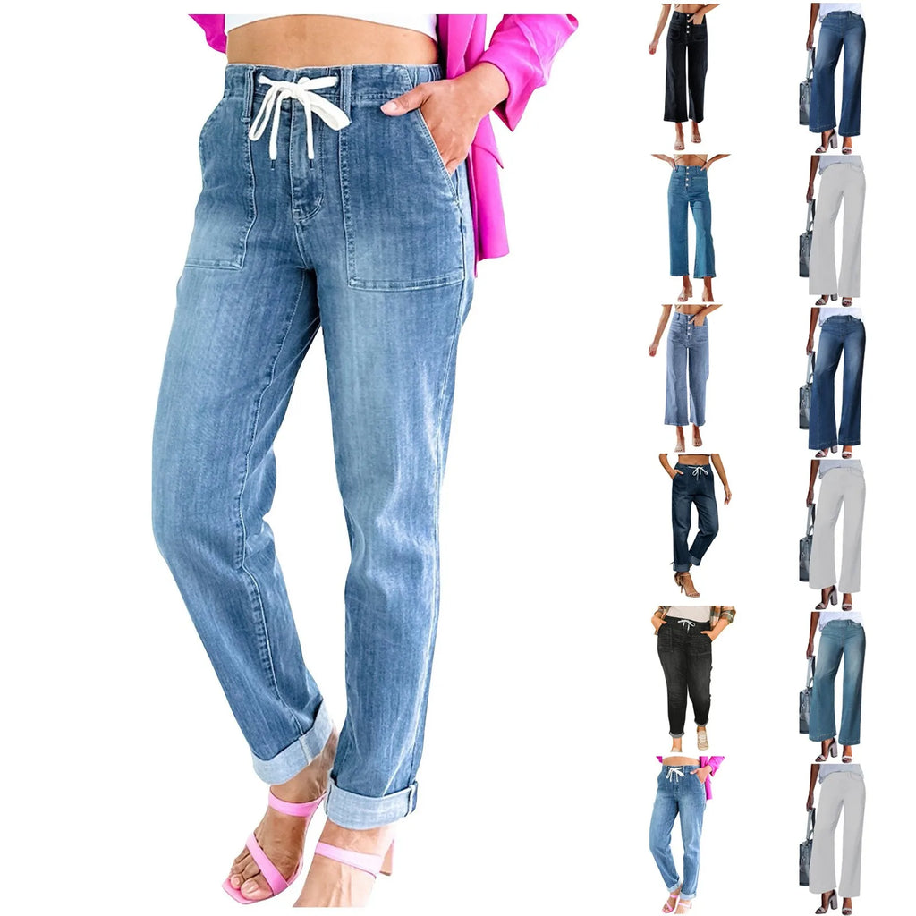 New Wide Leg Jeans For Women Seamed Front Wide Leg Jeans Solid Color Casual Fashion Straight Elastic Waist Trousers For Women