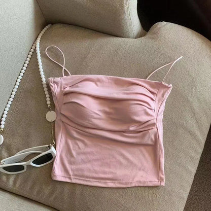 Sleeveless Tees Tank Tops For Women Camisole Vest Cropped Top Slim Fit Solid Color Spaghetti Strap Built In Bra Women Clothes