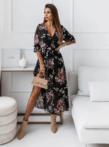 Women Dresses Sexy V Neck Retro Print Chiffon Maxi Dress Fashion Elastic Waist Side Splits Robe Elegant Long Sleeve Loose Dress