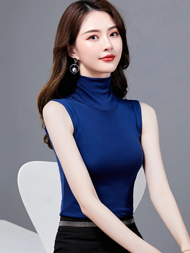 Summer Tops For Women 2025 Turtleneck Basic Sleeveless Lace Tank Tops Women Female Top Korean Tees Black White Blue