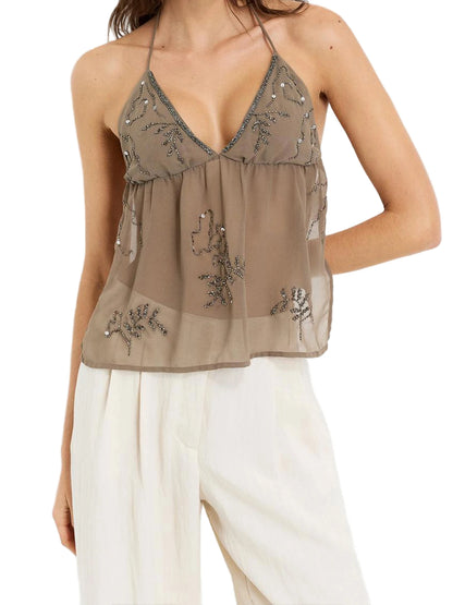 Women Halter Top Tie-Up Sleeveless Tops Shiny Beaded Summer Vest For Beach Vacation Summer Party Daily Wear Streetwear
