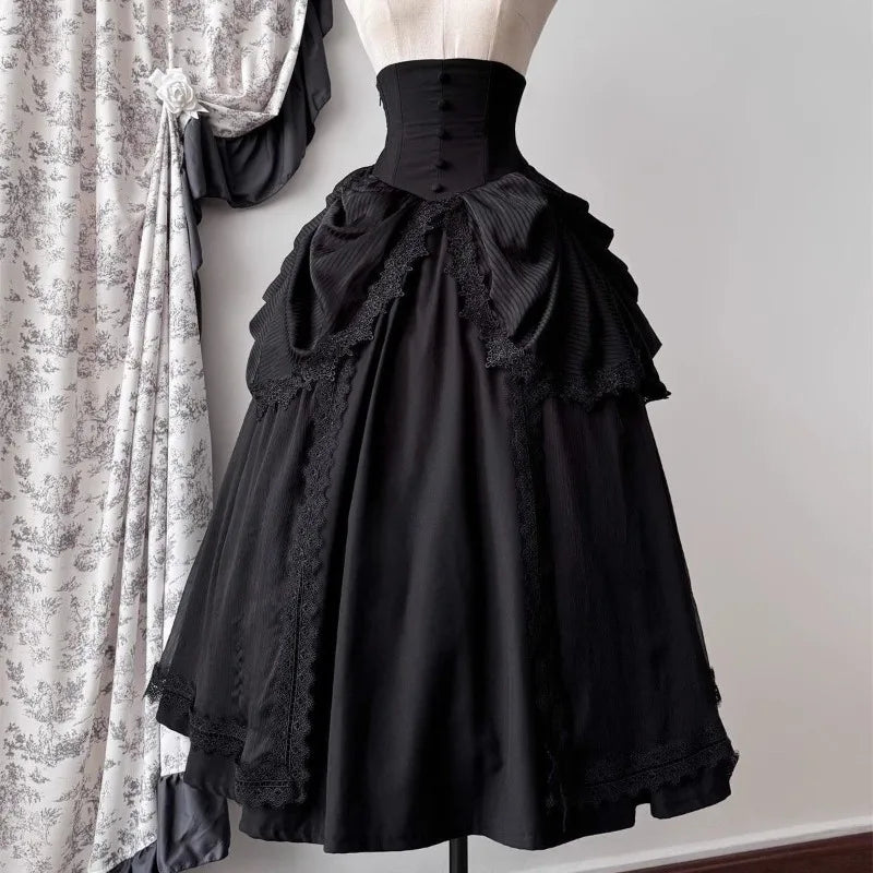 Japanese Skirts for Women 2025 Faldas Mujer De Moda High Waist A-line Jupe Lolita Style Patchwork Lace Vintage Long Skirt 49C903
