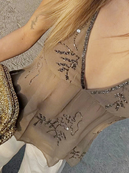 Women Halter Top Tie-Up Sleeveless Tops Shiny Beaded Summer Vest For Beach Vacation Summer Party Daily Wear Streetwear