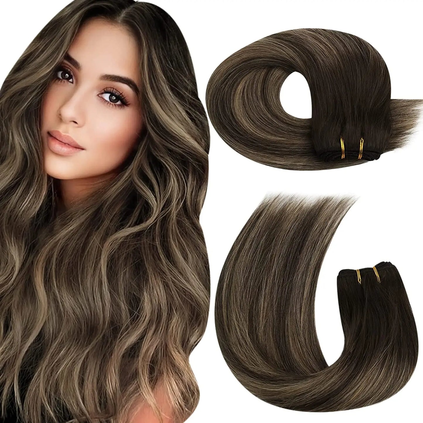 Moresoo Human Hair Bundles Weave in Double Wefted Machine Remy Hair Balayage Hair Pieces for Women Straight Weft Hair Extension