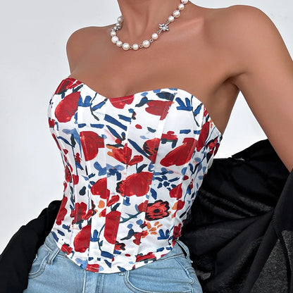 Women Floral Top Sexy Spicy Girl Tank Top Low cut Open Back Flower Wrapped Chest Diamond Fish Bone Strap Waist Vest Tank Top