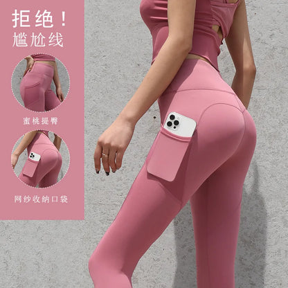 New High Waist Women's Leggings Stretch Yoga Pants Tights With Pockets Push Up Fitness Running Sportswear Solid Color Pants
