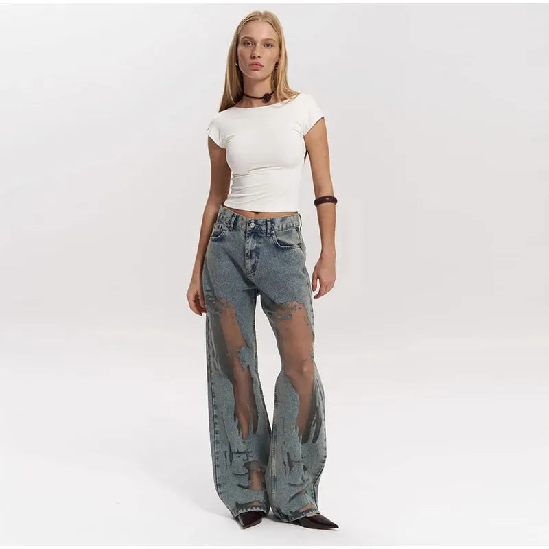 Women's Distressed Ripped Grunge Denim Jeans Gothic Dark High Waist Straight Leg Baggy Pants Trendy Hip Hop Streetwear Trousers