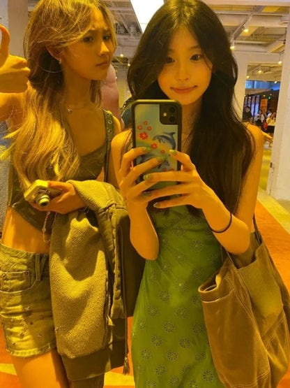 Elegant Green Print Dresses for Women V-neck Sleeveless Vintage Robe Femme 2025 Vestidos De Mujer Slim Waist Sexy Summer Dress