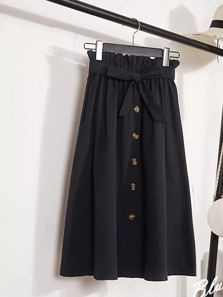 Summer Autumn Skirts Womens Midi Knee Length Korean Elegant Button High Waist Skirt Female Pleated School Skirt