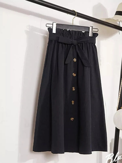 Summer Autumn Skirts Womens Midi Knee Length Korean Elegant Button High Waist Skirt Female Pleated School Skirt