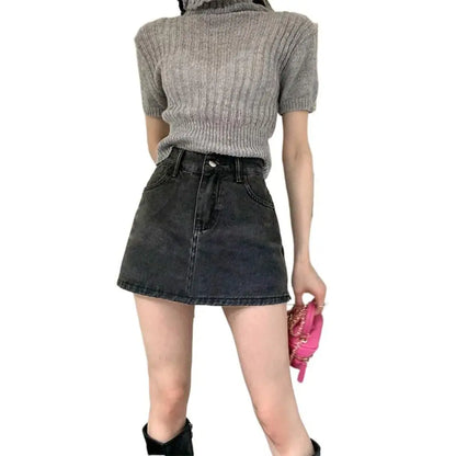 Fashion High Waist Mini Skirt Retro Slim Fit Short Skirt A-Line Casual Jean Skirt Girls