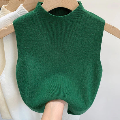 Women's Vest Tank Top Solid Color Knitted Tees Cropped Camisole Sweater Half-turtleneck Spring Autumn Sleeveless топ женский