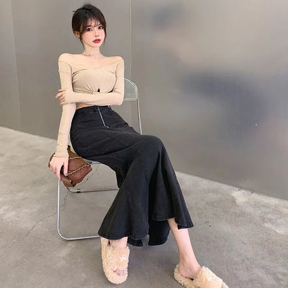Long Denim Skirt for Women High Waist Autumn Blue Slim Jean Fishtail Skirt Korean Fashion Skinny Solid Elastic Slit Skirt Women