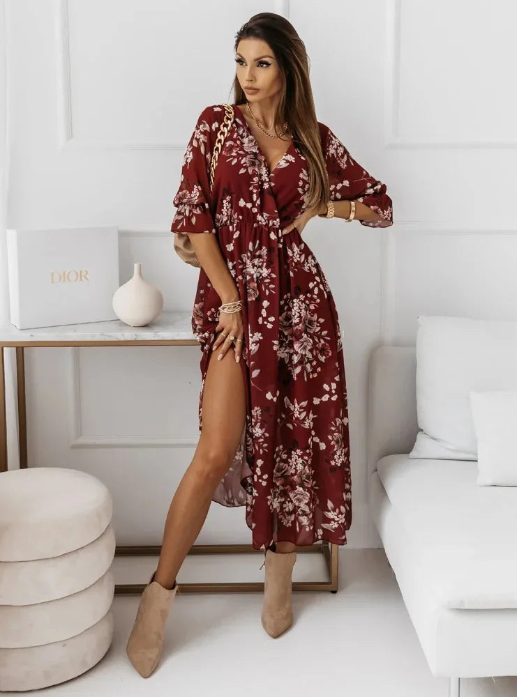 Women Dresses Sexy V Neck Retro Print Chiffon Maxi Dress Fashion Elastic Waist Side Splits Robe Elegant Long Sleeve Loose Dress