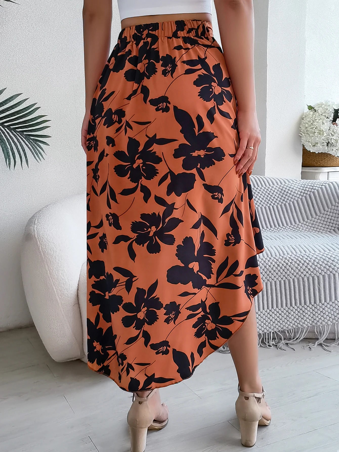 Spring Summer Skirts for Women Casual Floral Print Asymmetric Ruffle Edge Skirt