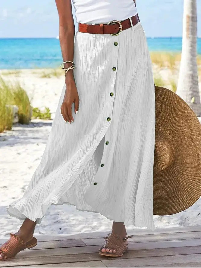 Women Skirt 2025 Spring Summer New Fashion Casual Cotton And Linen Solid Color Buttons Skirt Split A- Line Hip Waist Long Skirt