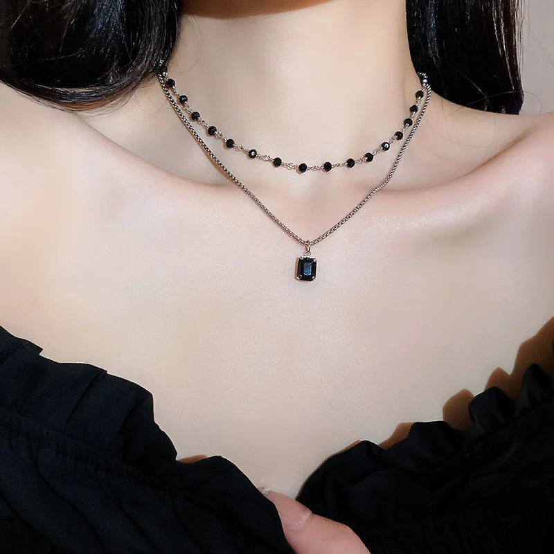 Shiny Black Chokers Necklaces for Women 2022 Trend Double Layer Beaded Chain Geometry Charm Necklace Jewelry