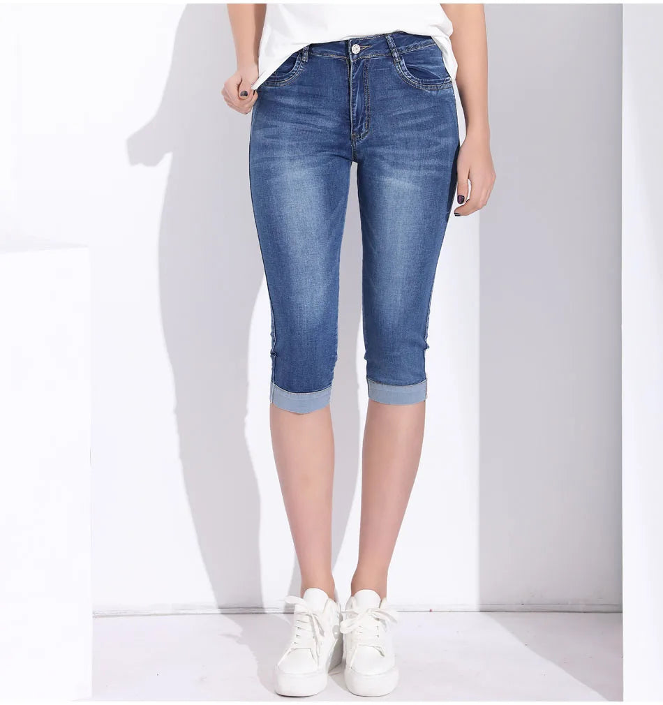 Woman's Jeans Black Denim Pants Ladies Cropped Trousers Skinny  Knee Length Jeans Women Elastic High Waist Mom Jeans Oversize