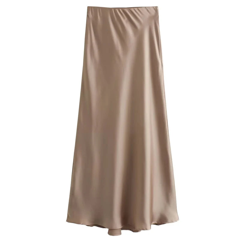 TRAF Women's Skirt Summer Elegant Satin Skirt Stylish Lady High Waist Skirts Cylinder Green Black Skirt Woman Office Street Wear