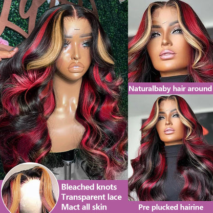 Highlight 5x5 Glueless Wigs Human Hair Pre Plucked Pre Cut Black Hair With Red blonde highlight Body Wave Wigs Human Hair 200%