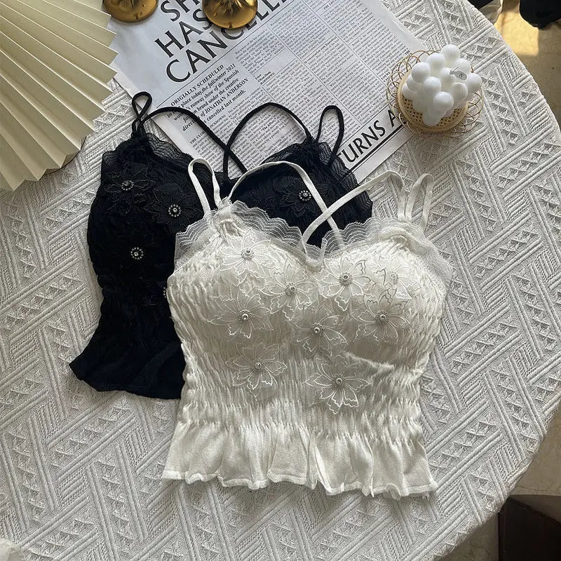 Summer Woman Clothes y2k Tops French Diamond Appliqué Camisole Bottoming Shirt Lace Crop Top Women's Folds Spaghetti Strap Tops