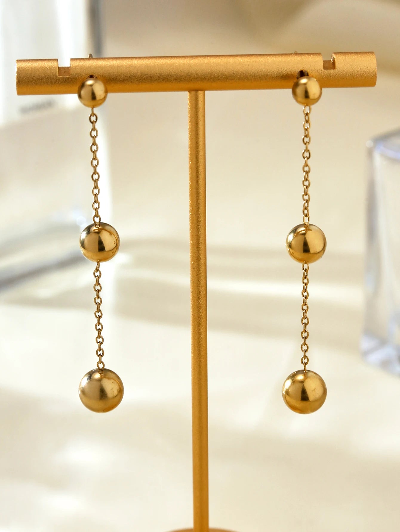 Fashion Elegant Simple Premium Feeling Stainless Steel 18K Gold Plated Three Large And Small Beads Dangle Earrings For Women