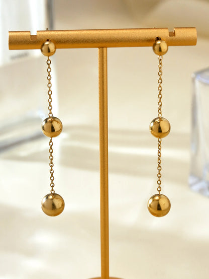 Fashion Elegant Simple Premium Feeling Stainless Steel 18K Gold Plated Three Large And Small Beads Dangle Earrings For Women