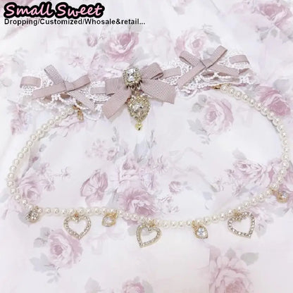 Handmade Choker Necklaces Double Pearl bow love jewelry gemstone sweet Cute Kawaii Collar Lolita Collarbone Chain Cecklace Women