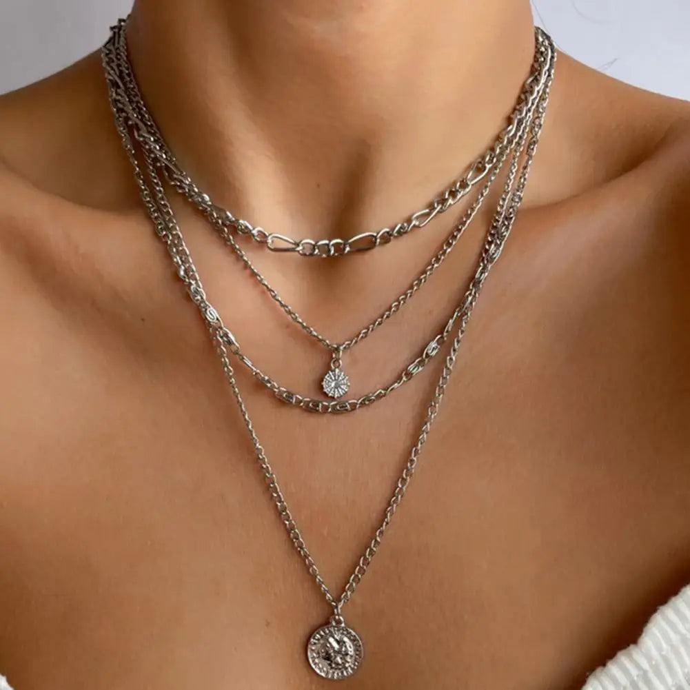 Women Necklace Multi-layered Coin Pendant Punk Style Necklace Hollow Chain Adjustable Length Hip Hop Club Party Neck Jewelry