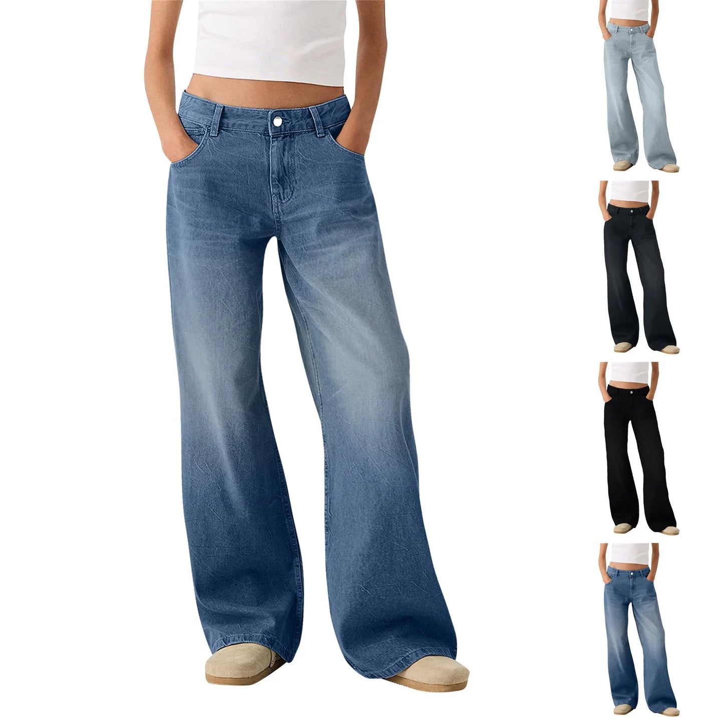 Women Fashion Denim Jeans Retro Ladies Loose Straight Pants Mid Waist Button Pocket Trousers Casual De Mujer Pantalon Femme