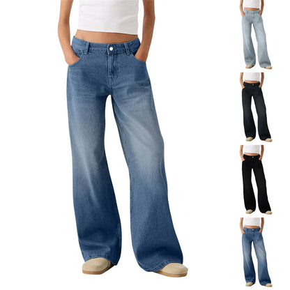 Women Fashion Denim Jeans Retro Ladies Loose Straight Pants Mid Waist Button Pocket Trousers Casual De Mujer Pantalon Femme