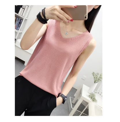 Top women Summer V Neck Hollow Knitted Vest Sleeveless Casual Tank Blusas Tops Sheer Mesh Patchwork T Shirt Bottom Camisole 2019