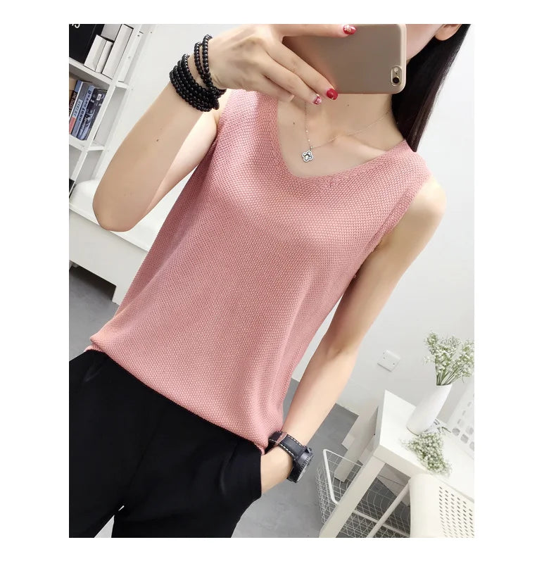 Top women Summer V Neck Hollow Knitted Vest Sleeveless Casual Tank Blusas Tops Sheer Mesh Patchwork T Shirt Bottom Camisole 2019