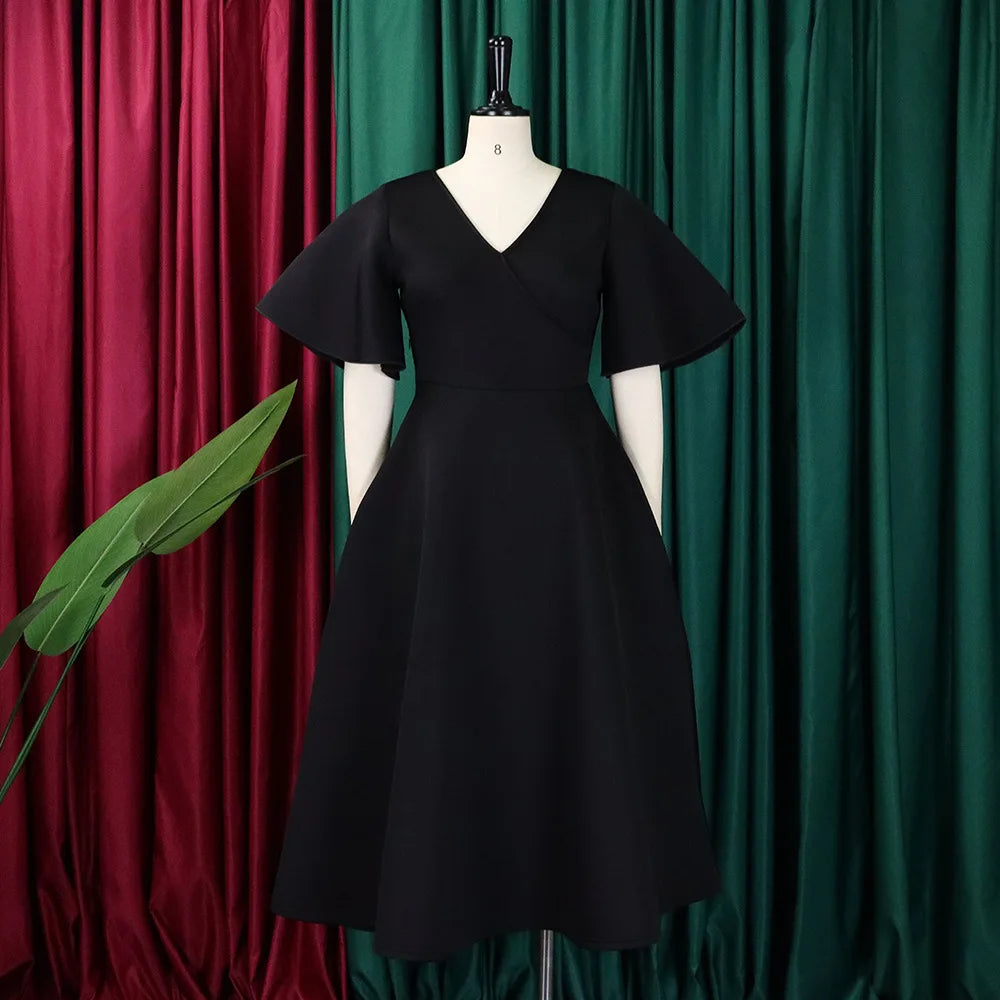 Dress Women Sexy Dresses White Round Neck Flare Sleeve Party Sheath Pleated High Waist Work Elegant Bodycon Mid Length Vestidos