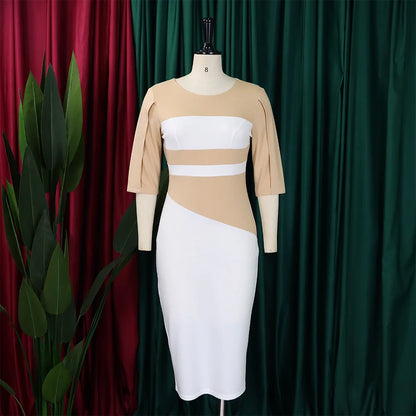 Elegant Church Dresses for Women 2023 New Arrivals Fashion Two Color Patchwork Fitted Ladies Knee Length Formal African Dress