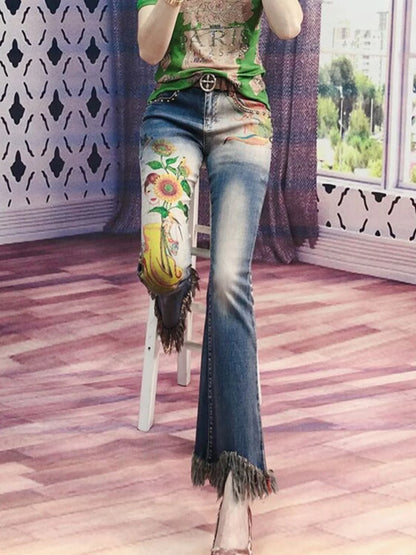 Beaded jeans for women with Rivet and diamond-encrusted casual street fashion cotton slim Flare Pants